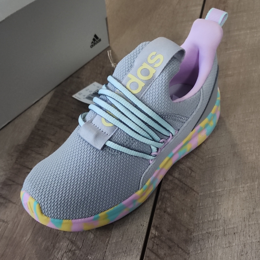 Adidas Lite Racer Adapt Size 3 Girls Gray Sneakers with Pastel Accents